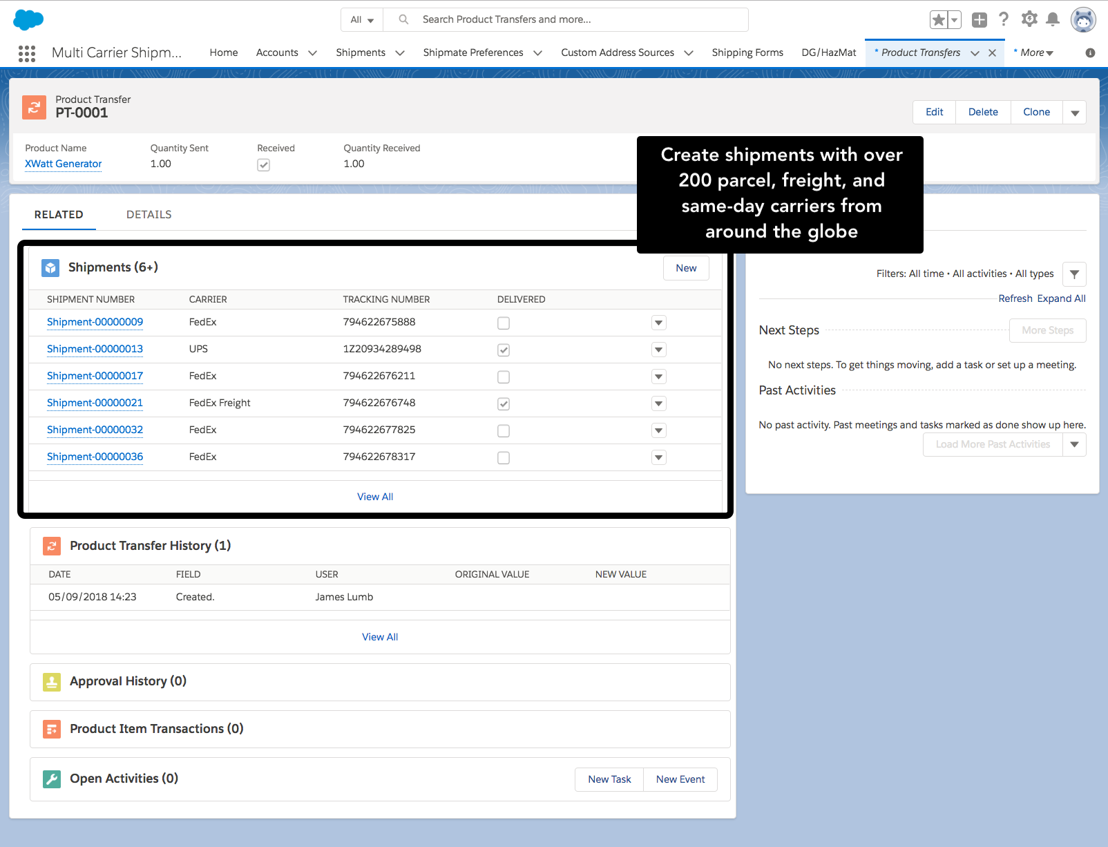 Salesforce Product Transfer with multi-carrier shipments — create shipments with 200+ carriers worldwide