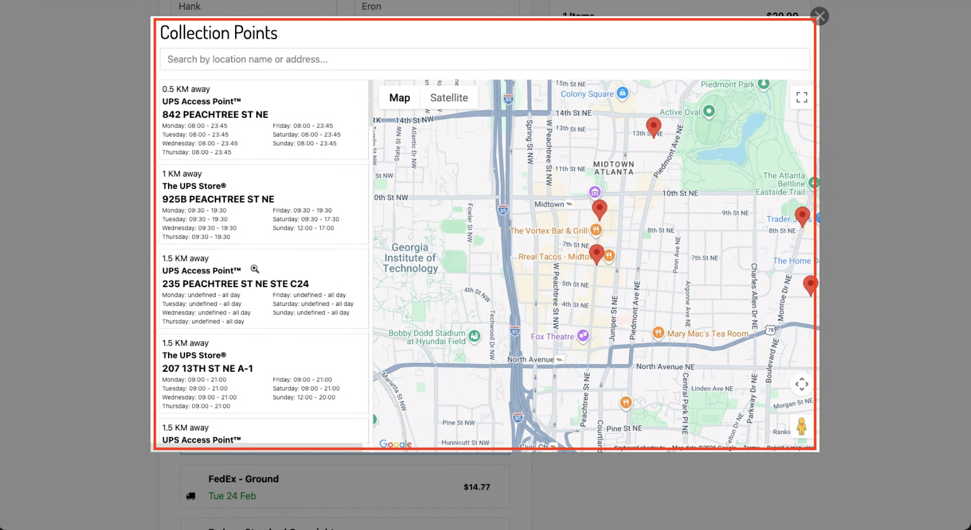Checkout map showing PUDO and carrier pickup locations